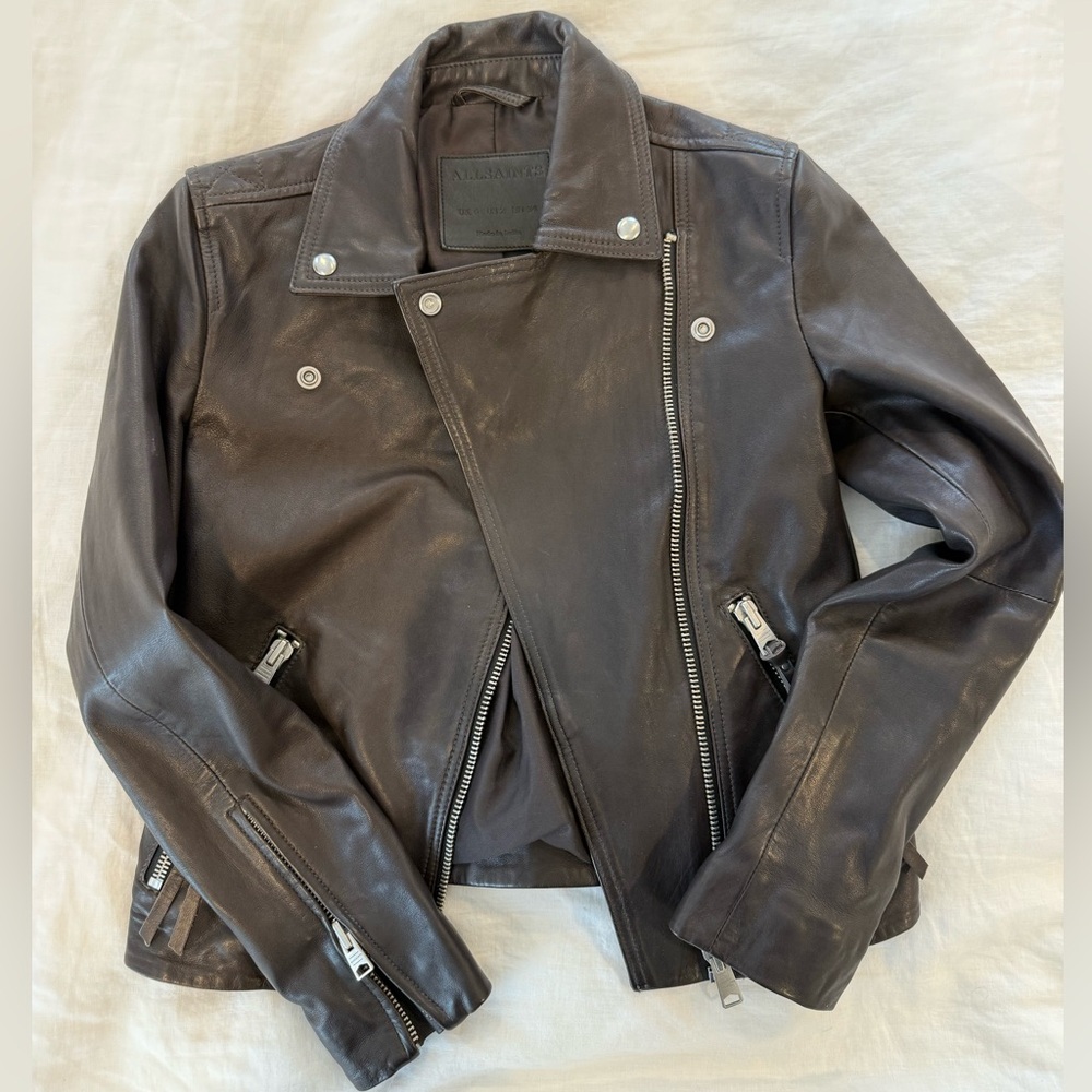 AllSaints Dalby Lamb Leather Biker Jacket • Brown-Gray • US 2